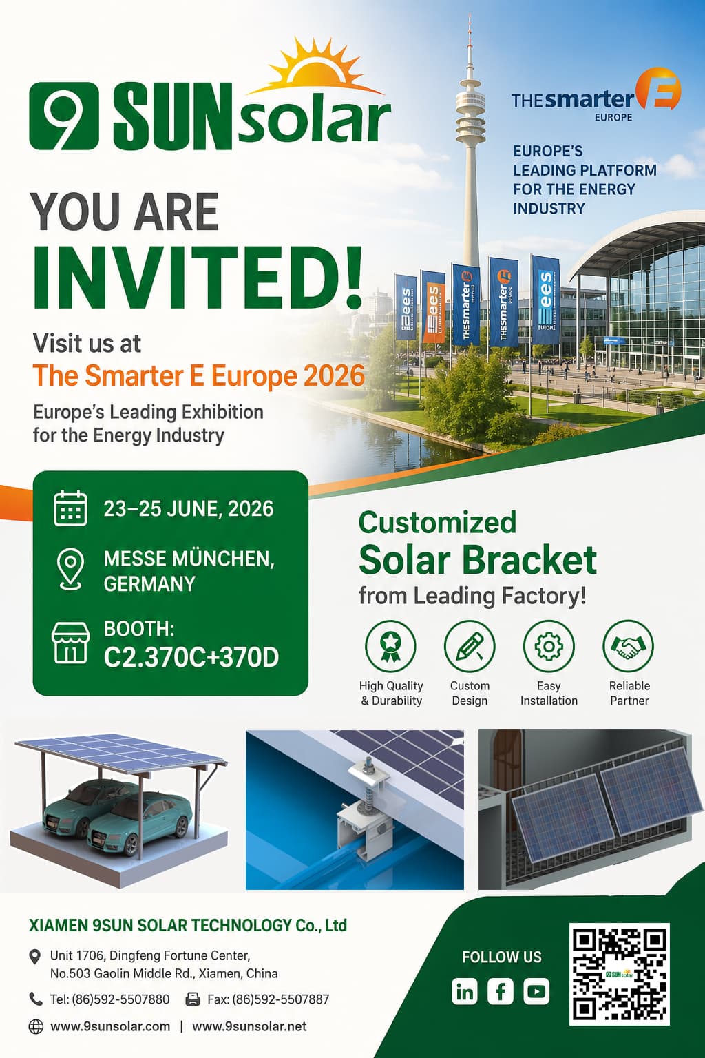 XIAMEN 9SUN SOLAR TECHNOLOGY Co., Ltd lädt Sie ein, uns auf der Smarter E Europe 2026 zu treffen.